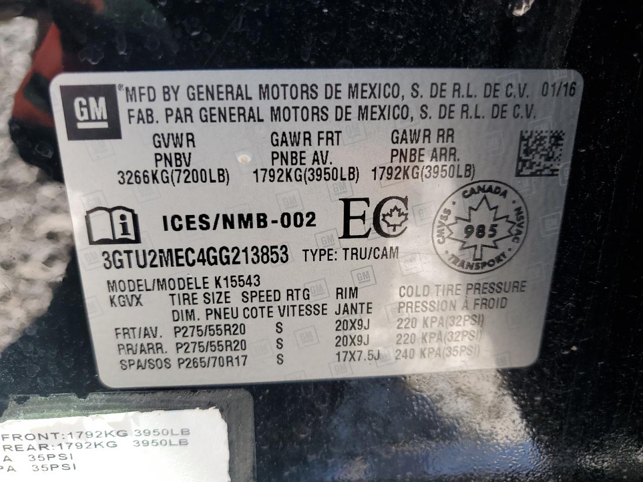 3GTU2MEC4GG213853 2016 GMC Sierra K1500 Sle