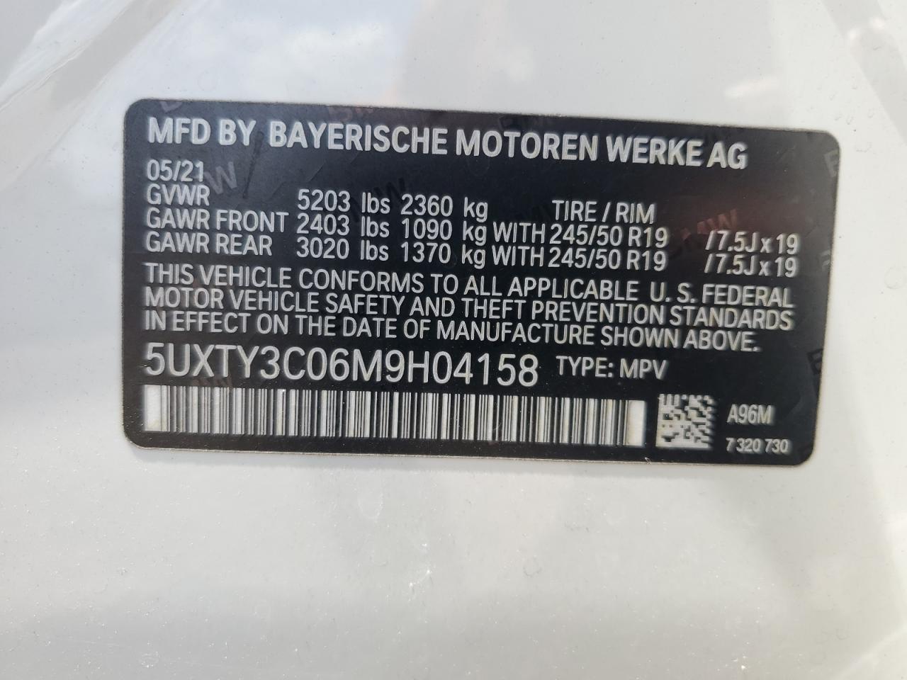 5UXTY3C06M9H04158 2021 BMW X3 Sdrive30I