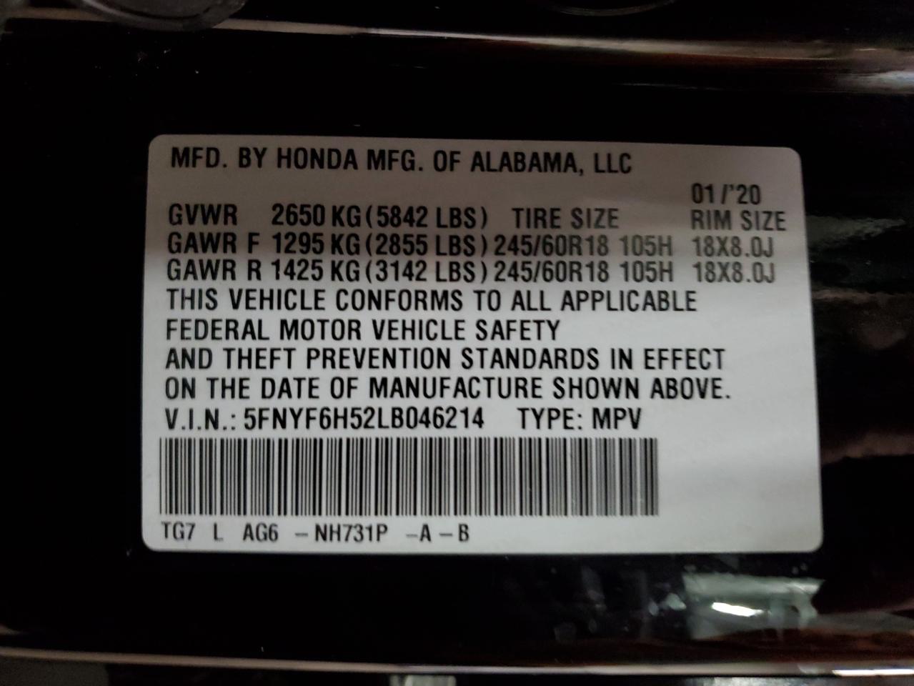 5FNYF6H52LB046214 2020 Honda Pilot Exl