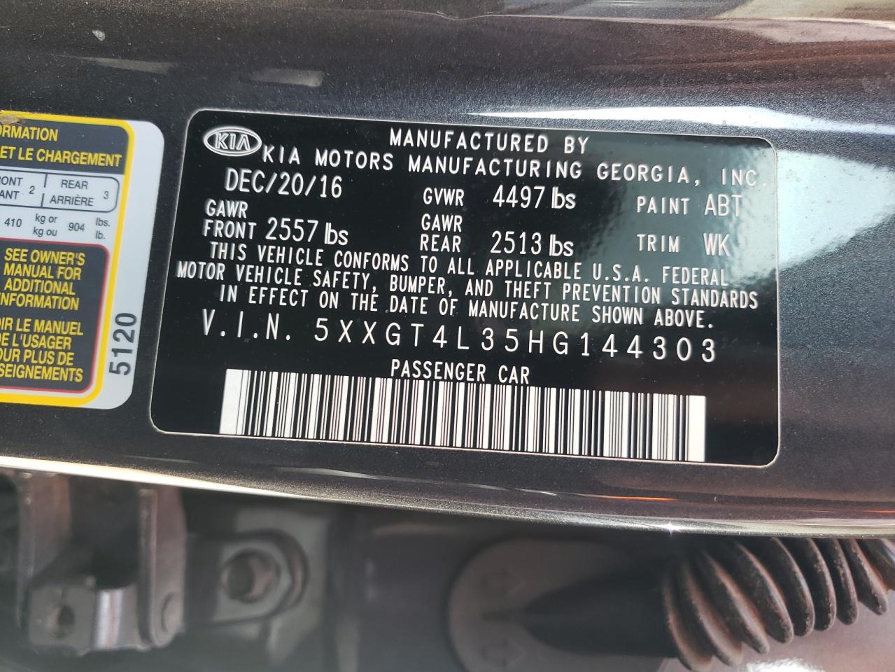 5XXGT4L35HG144303 2017 Kia Optima Lx