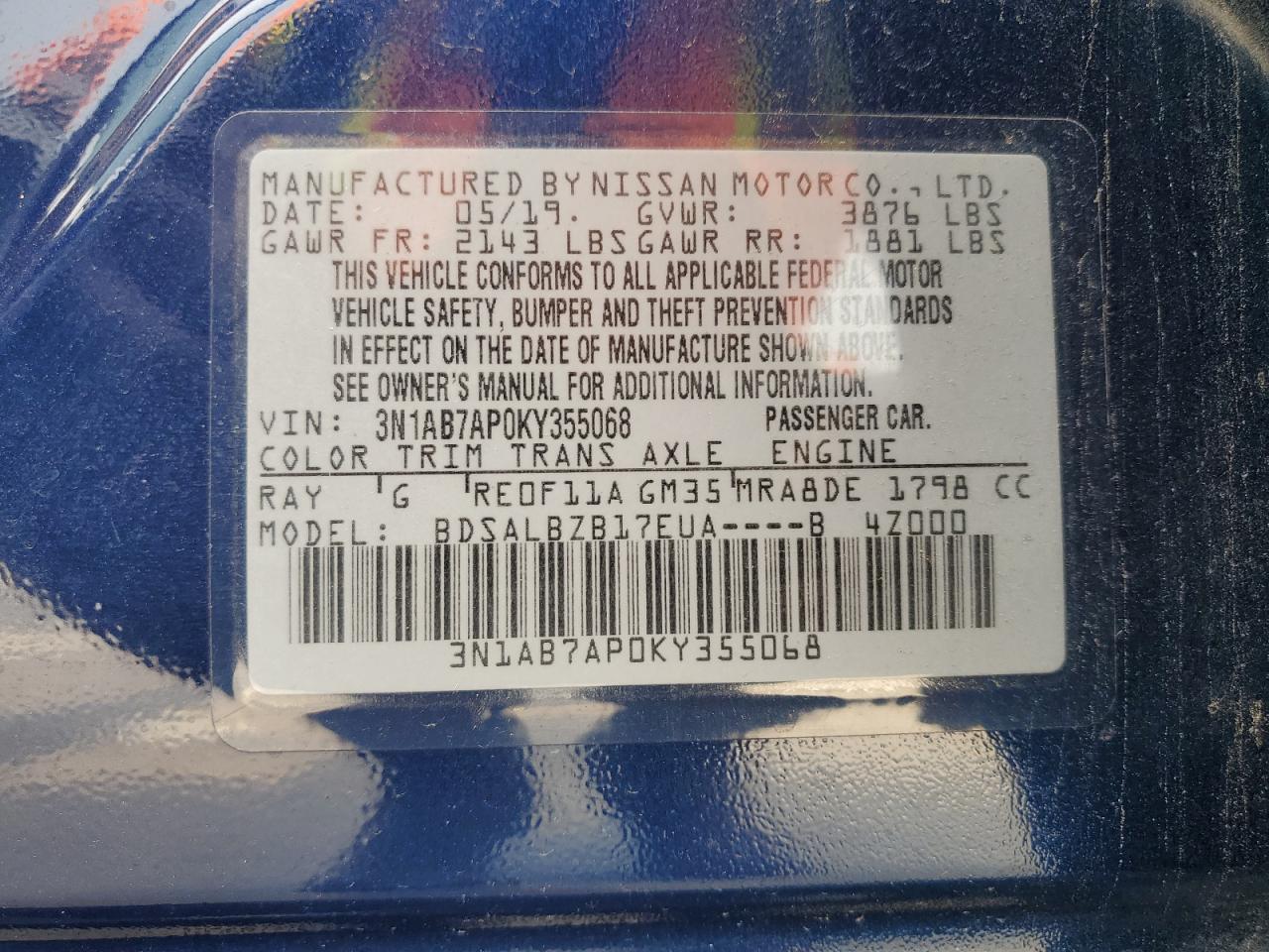 3N1AB7AP0KY355068 2019 Nissan Sentra S