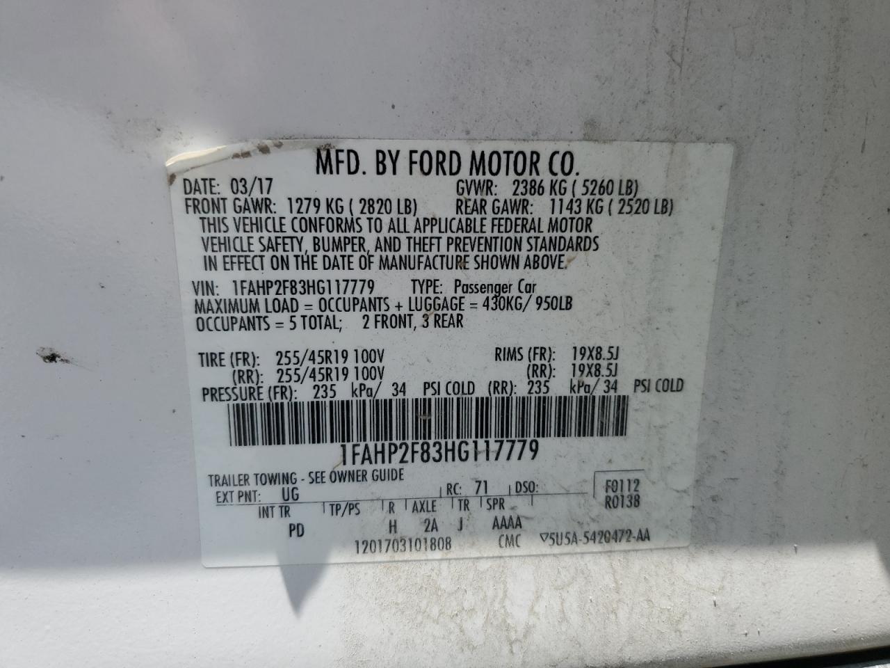 1FAHP2F83HG117779 2017 Ford Taurus Limited