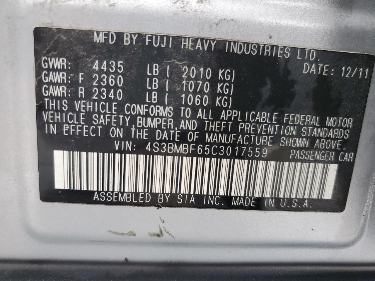 4S3BMBF65C3017559 2012 Subaru Legacy 2.5I Premium