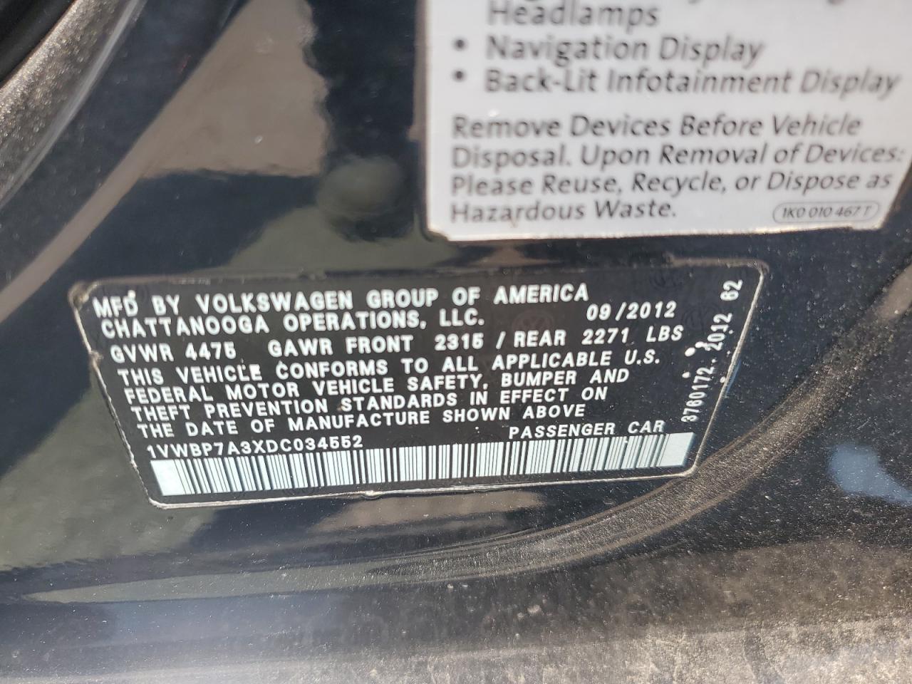 1VWBP7A3XDC034552 2013 Volkswagen Passat Se