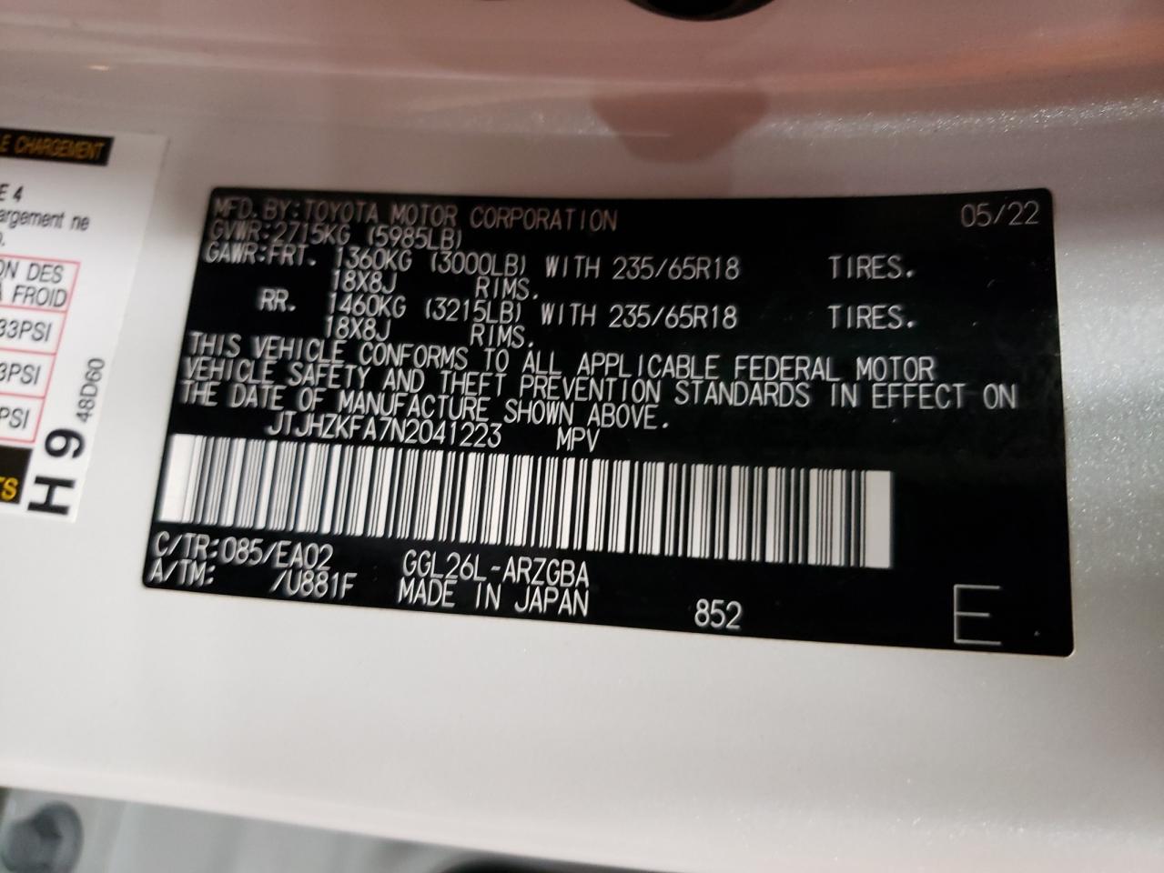 JTJHZKFA7N2041223 2022 Lexus Rx 350 L