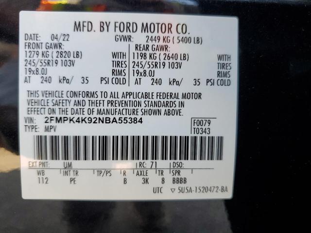 2022 Ford Edge Titanium VIN: 2FMPK4K92NBA55384 Lot: 60337494