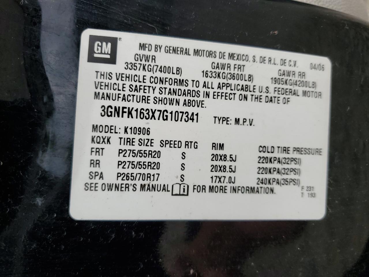 3GNFK163X7G107341 2007 Chevrolet Suburban K1500