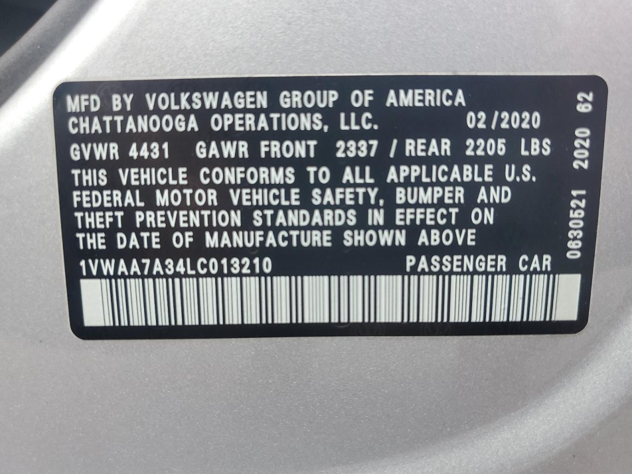 2020 Volkswagen Passat S vin: 1VWAA7A34LC013210