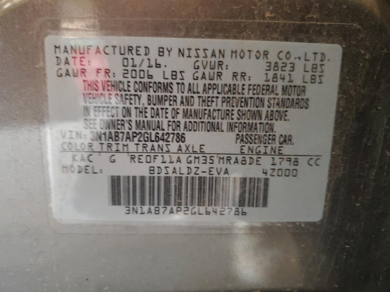 3N1AB7AP2GL642786 2016 Nissan Sentra S