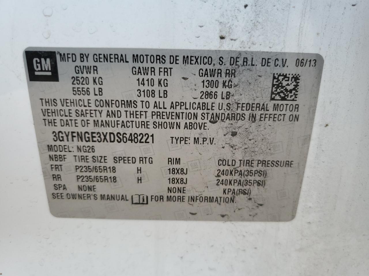 3GYFNGE3XDS648221 2013 Cadillac Srx Luxury Collection