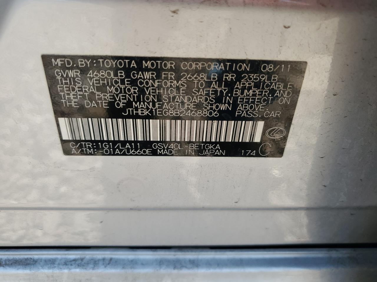 JTHBK1EG8B2468806 2011 Lexus Es 350