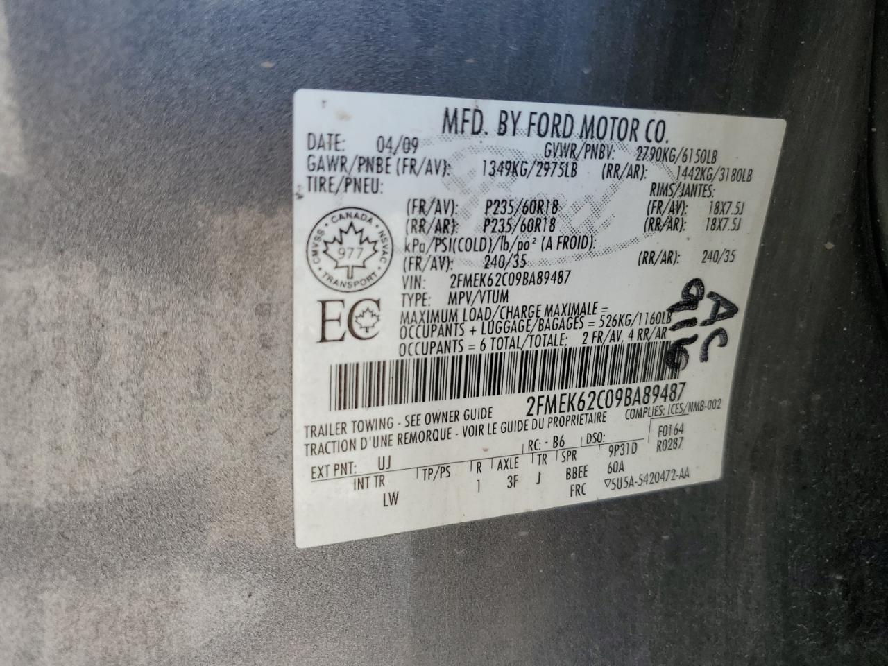 2FMEK62C09BA89487 2009 Ford Flex Sel