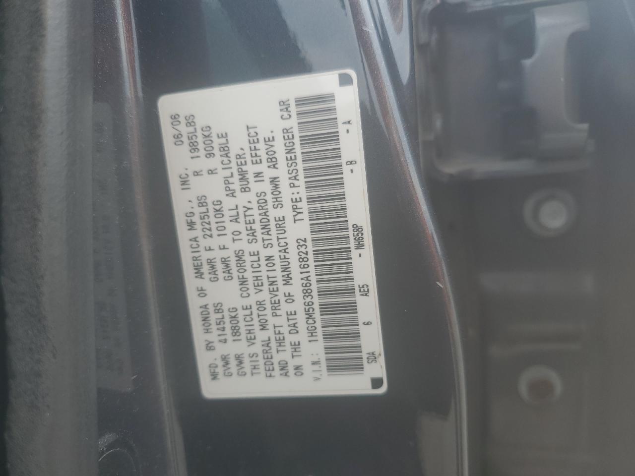 1HGCM56386A168232 2006 Honda Accord Se