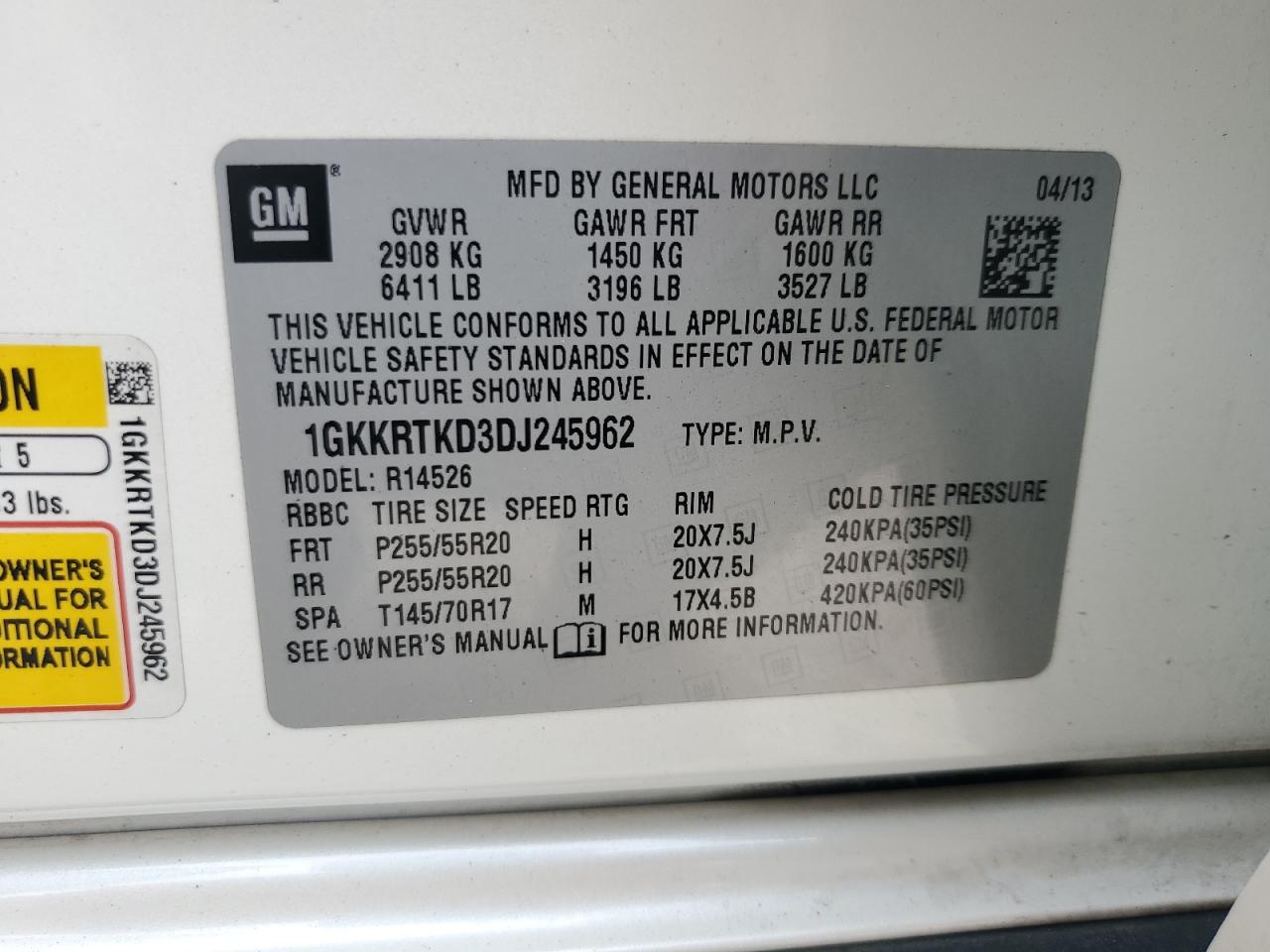 1GKKRTKD3DJ245962 2013 GMC Acadia Denali