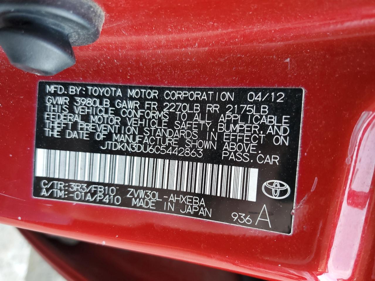 JTDKN3DU6C5442863 2012 Toyota Prius