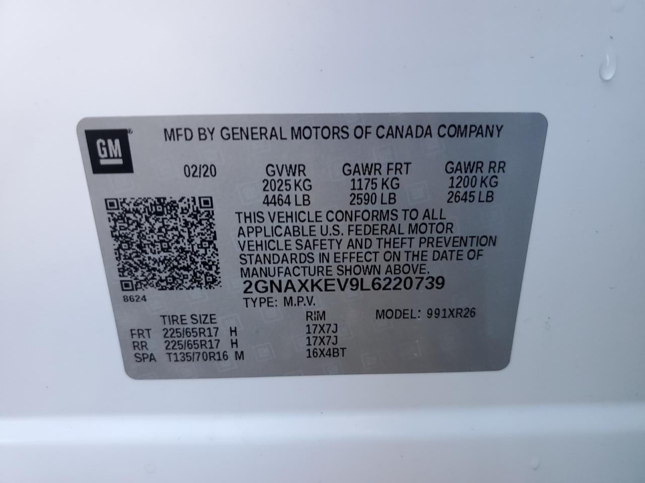 2GNAXKEV9L6220739 2020 Chevrolet Equinox Lt