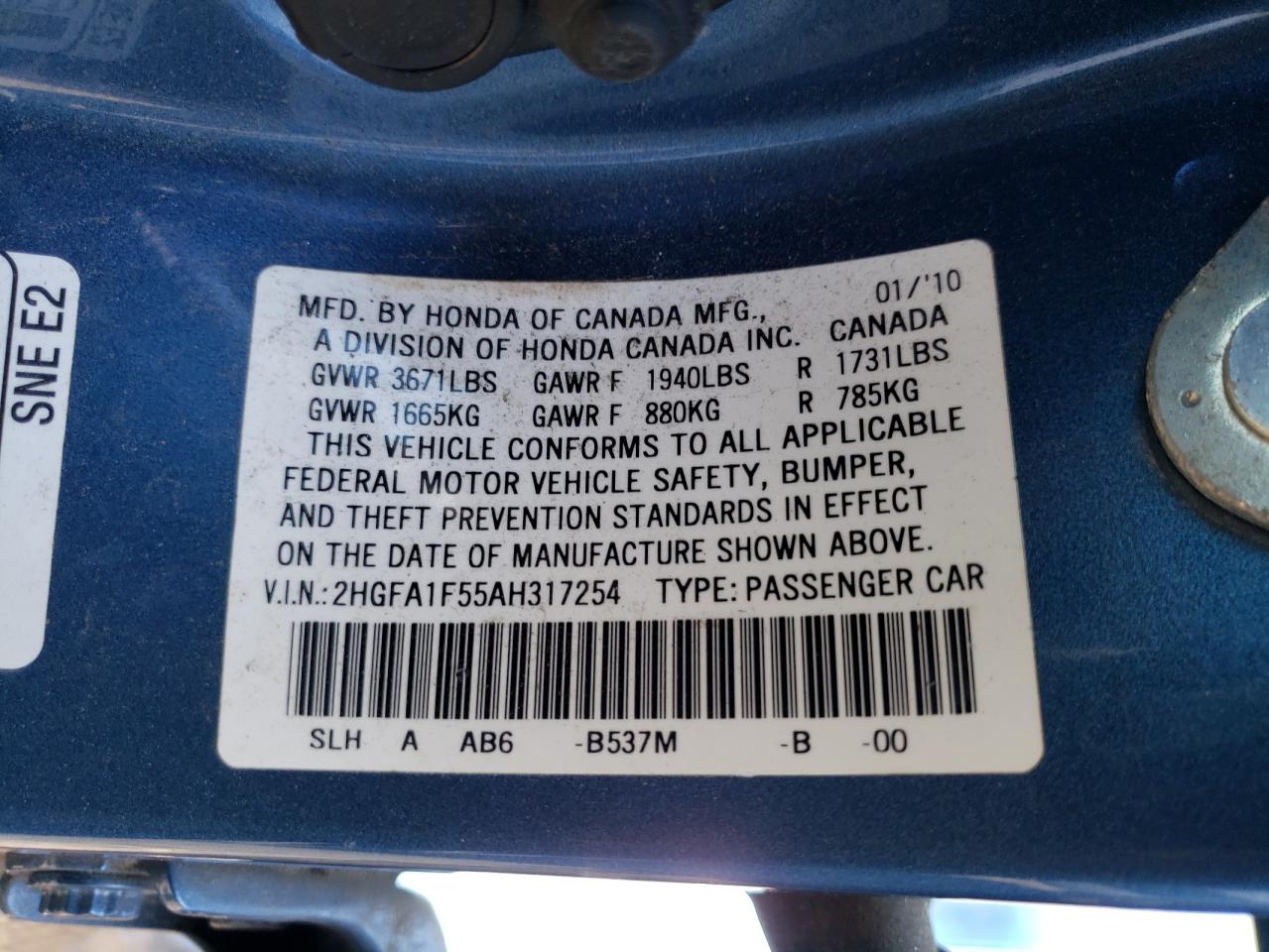 2HGFA1F55AH317254 2010 Honda Civic Lx