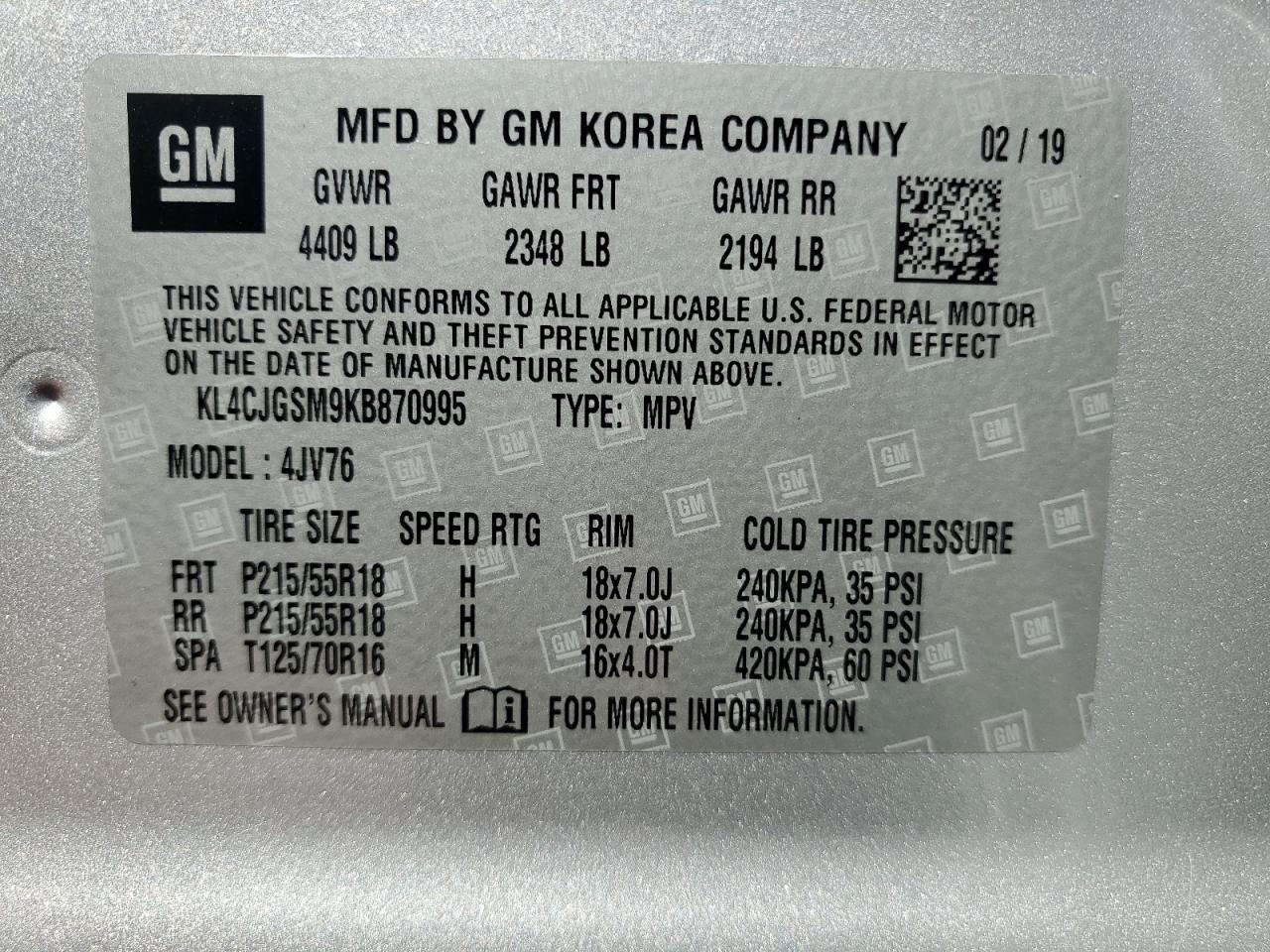 KL4CJGSM9KB870995 2019 Buick Encore Essence