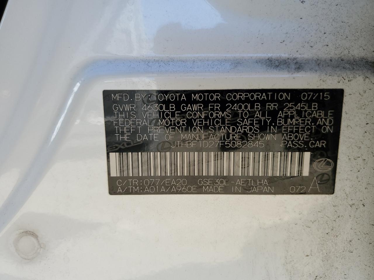 JTHBF1D27F5082845 2015 Lexus Is 250