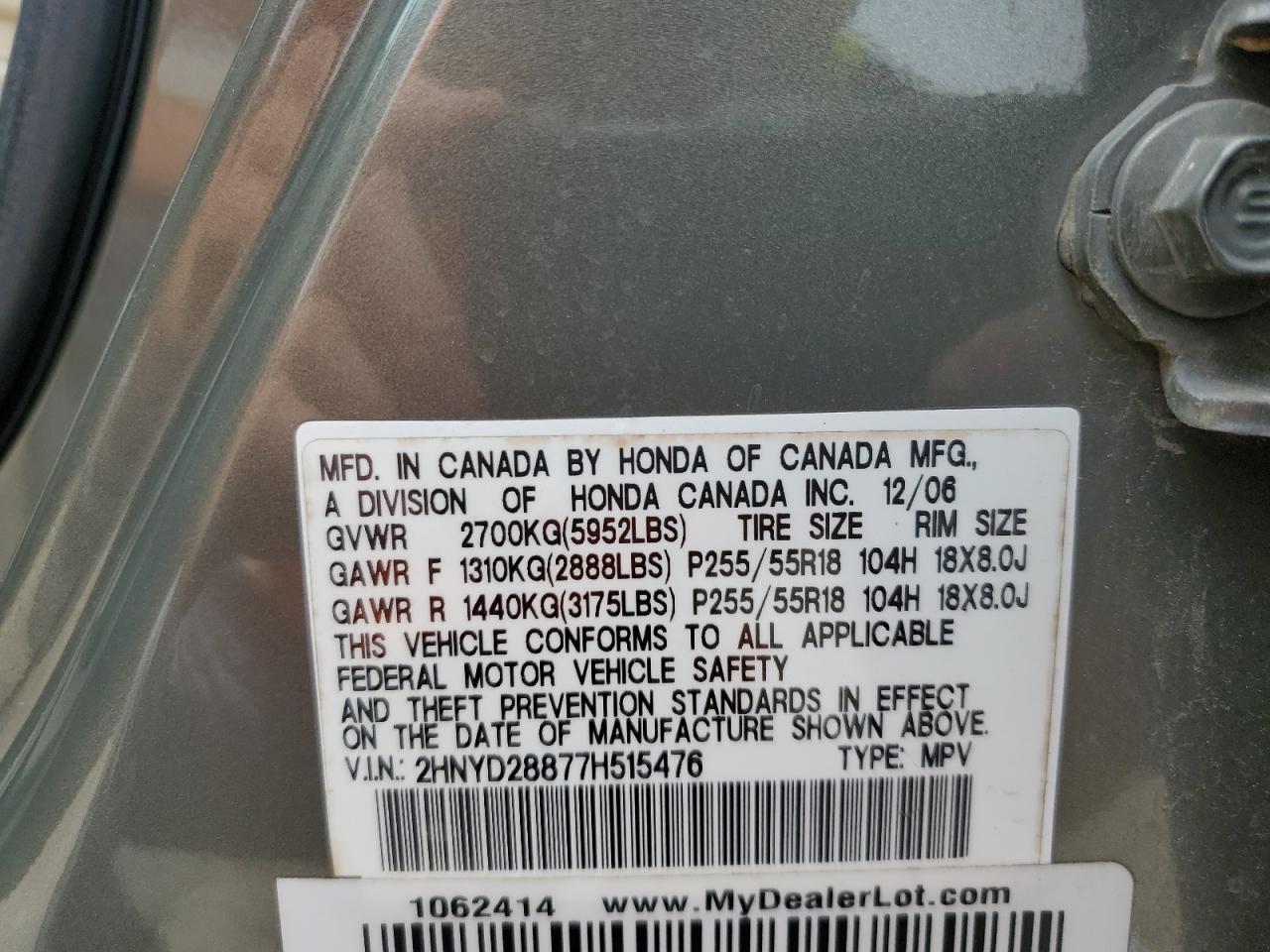 2HNYD28877H515476 2007 Acura Mdx Sport