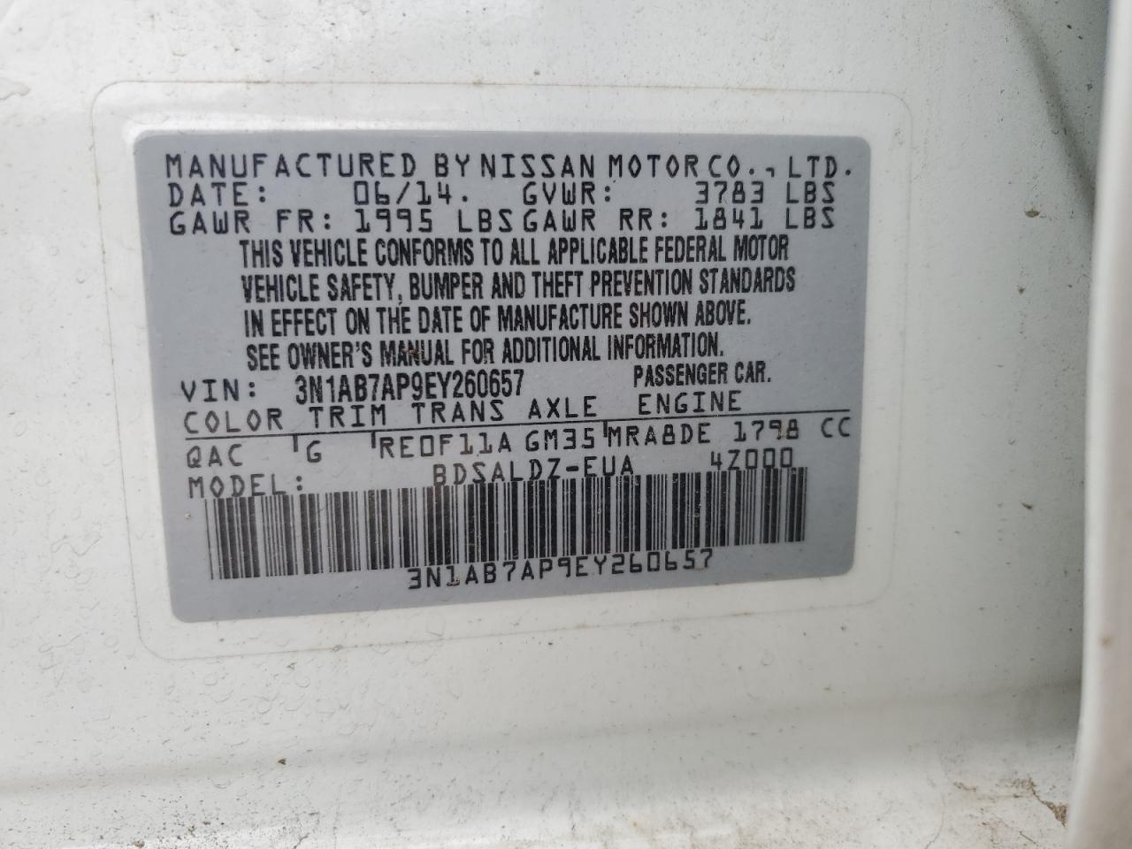 3N1AB7AP9EY260657 2014 Nissan Sentra S