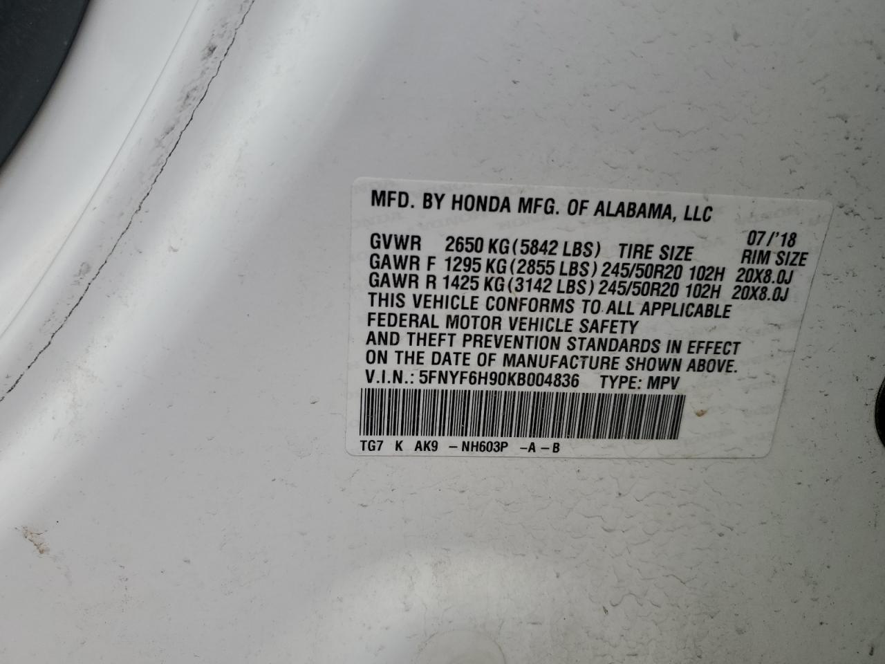 5FNYF6H90KB004836 2019 Honda Pilot Touring