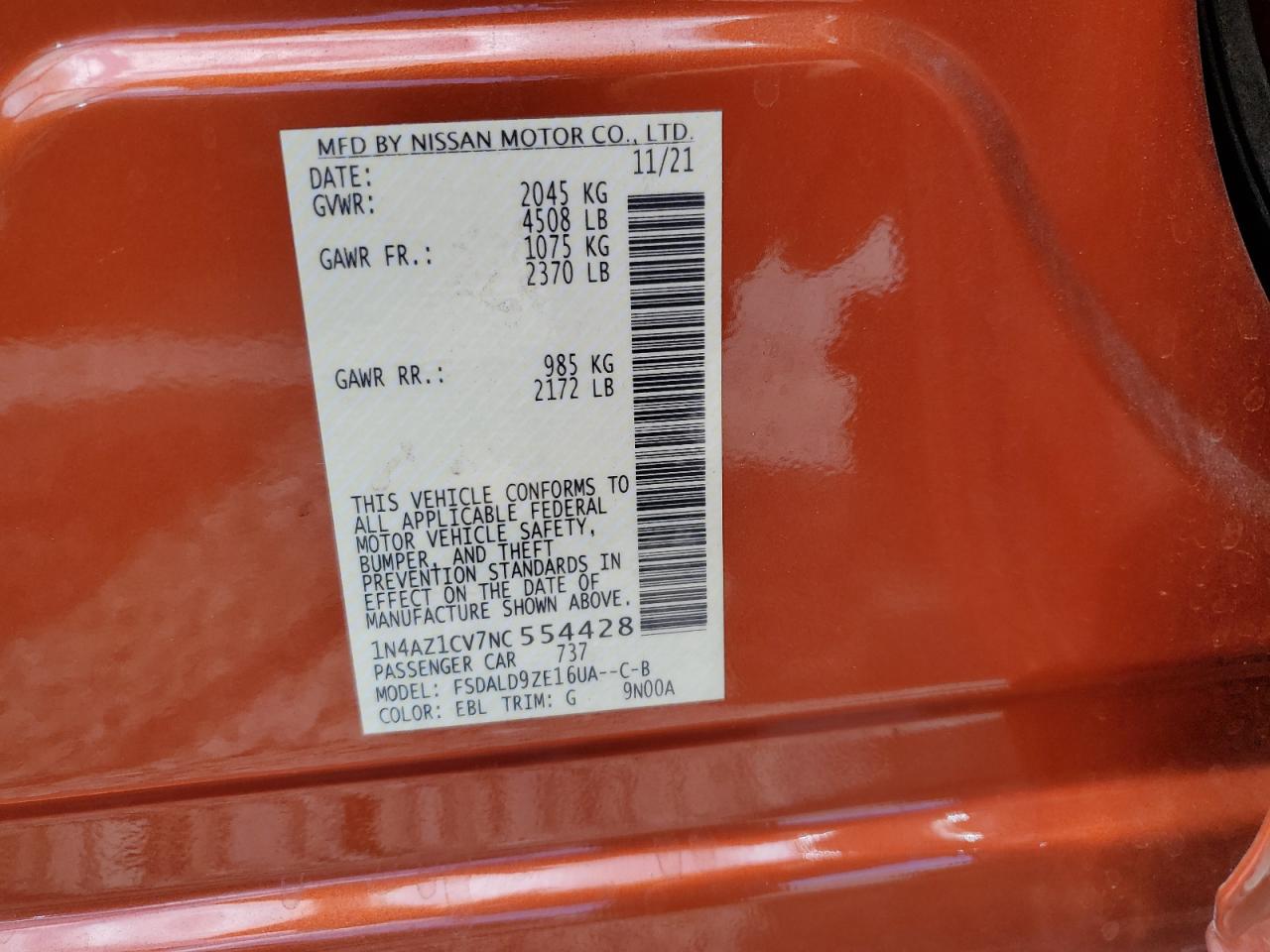 1N4AZ1CV7NC554428 2022 Nissan Leaf Sv