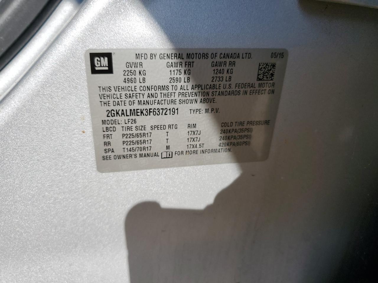 2GKALMEK3F6372191 2015 GMC Terrain Sle