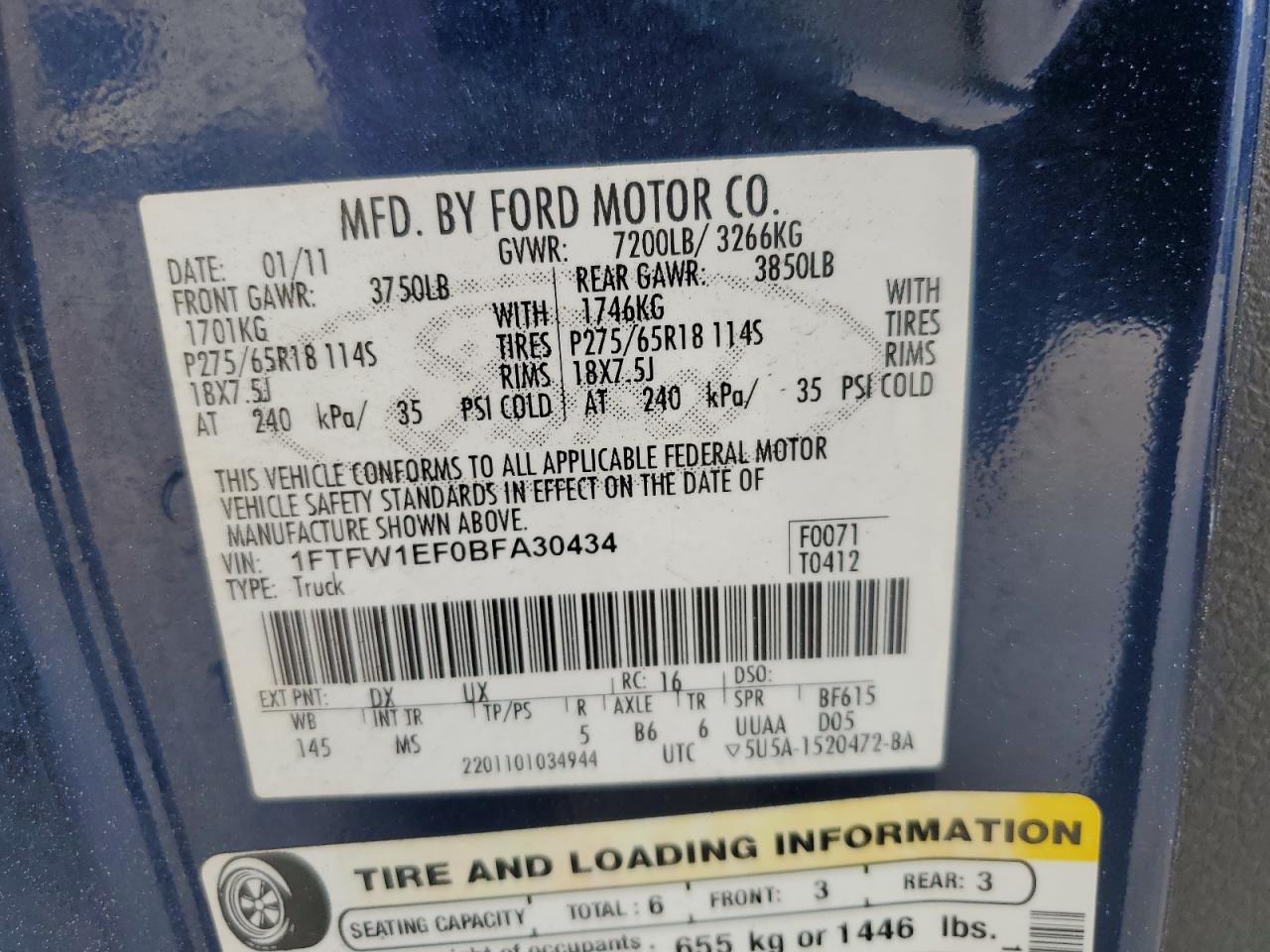 1FTFW1EF0BFA30434 2011 Ford F150 Supercrew