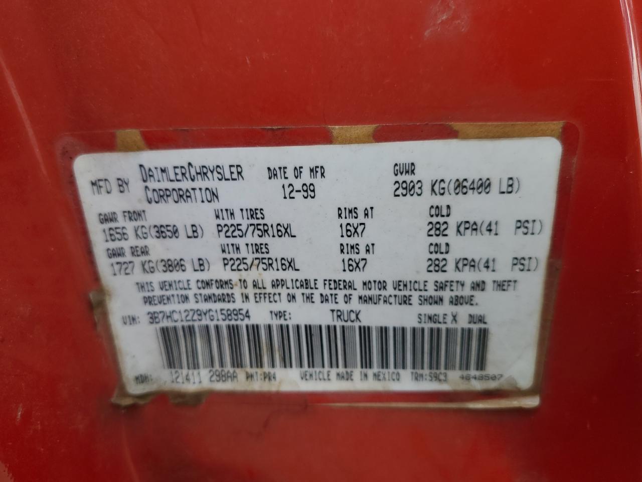 3B7HC12Z9YG158954 2000 Dodge Ram 1500