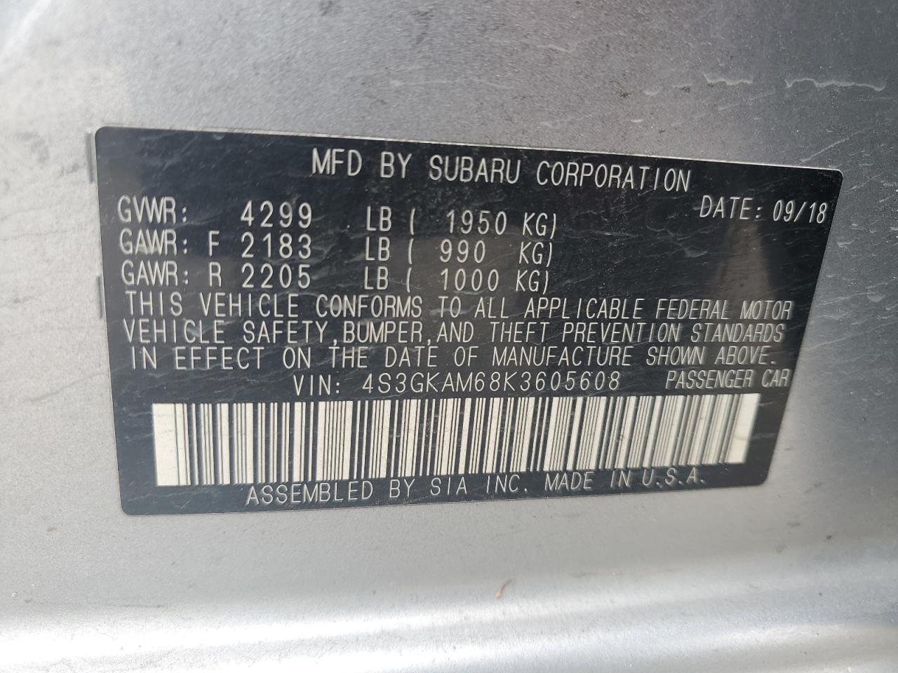 4S3GKAM68K3605608 2019 Subaru Impreza Sport