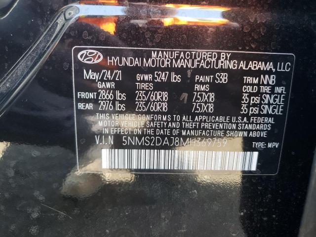 2021 Hyundai Santa Fe Sel VIN: 5NMS2DAJ8MH369759 Lot: 59700864