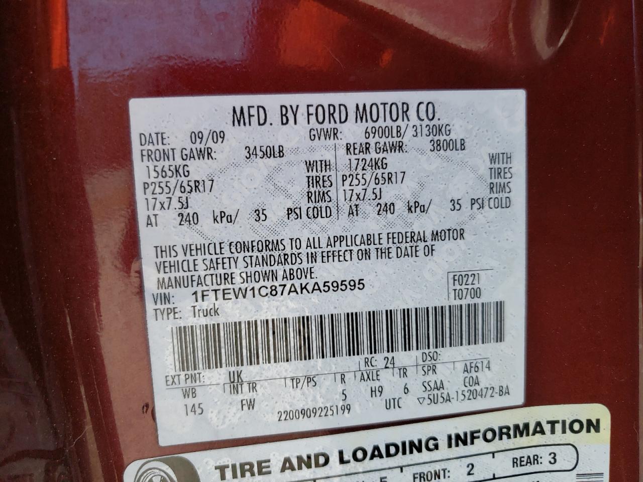 1FTEW1C87AKA59595 2010 Ford F150 Supercrew