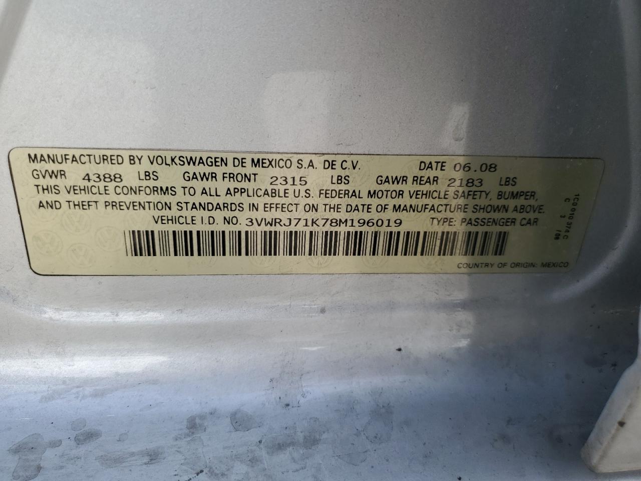 3VWRJ71K78M196019 2008 Volkswagen Jetta Wolfsburg