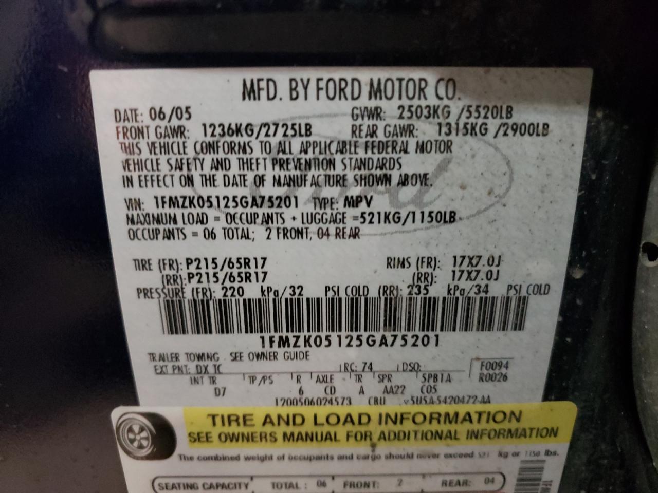 1FMZK05125GA75201 2005 Ford Freestyle Sel