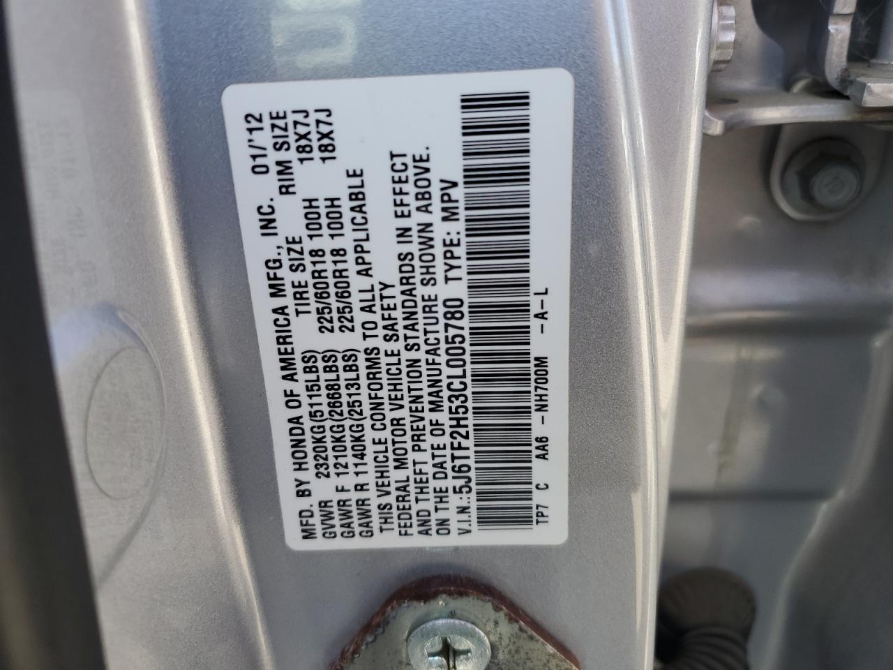 5J6TF2H53CL005780 2012 Honda Crosstour Exl