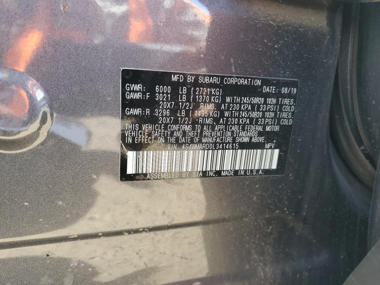 4S4WMARD0L3414615 2020 Subaru Ascent Touring