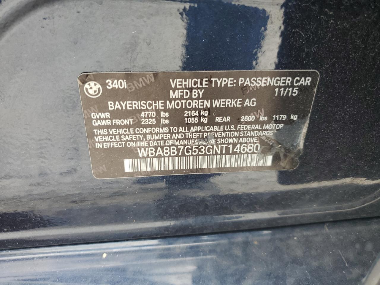 WBA8B7G53GNT14680 2016 BMW 340 Xi