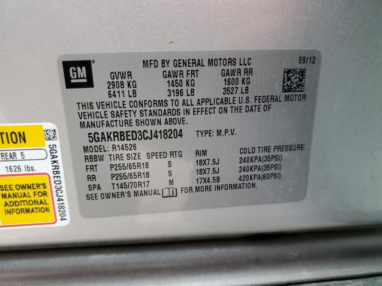 5GAKRBED3CJ418204 2012 Buick Enclave