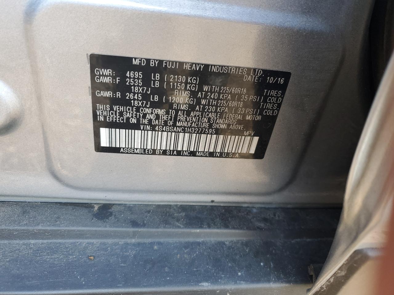 4S4BSANC1H3277595 2017 Subaru Outback 2.5I Limited