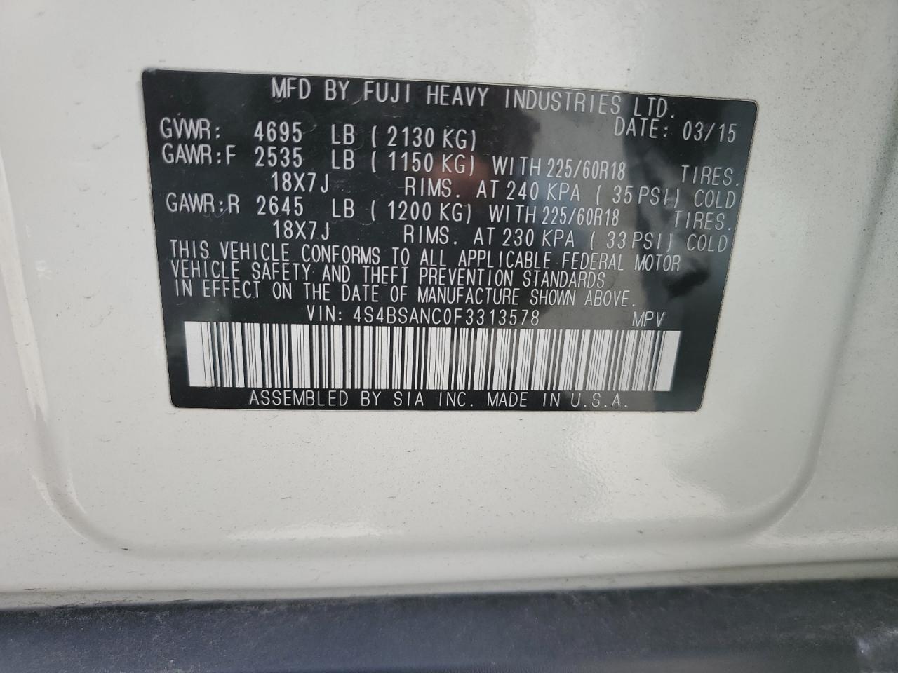 4S4BSANC0F3313578 2015 Subaru Outback 2.5I Limited