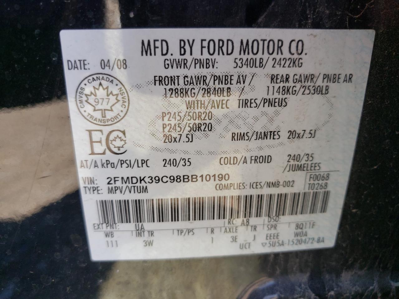 2FMDK39C98BB10190 2008 Ford Edge Limited
