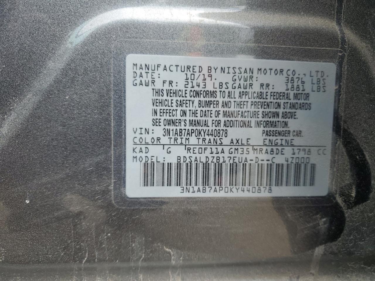 2019 Nissan Sentra S vin: 3N1AB7AP0KY440878