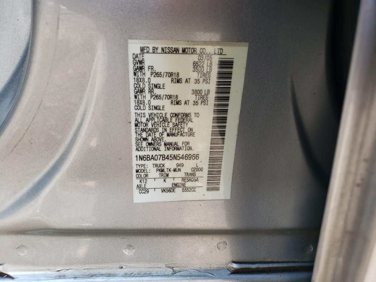 1N6BA07B45N546966 2005 Nissan Titan Xe