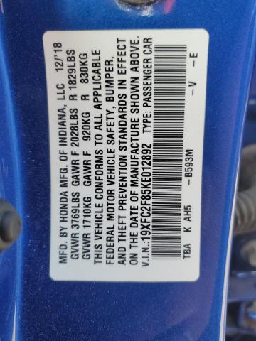2019 HONDA CIVIC SPOR - 19XFC2F85KE012892