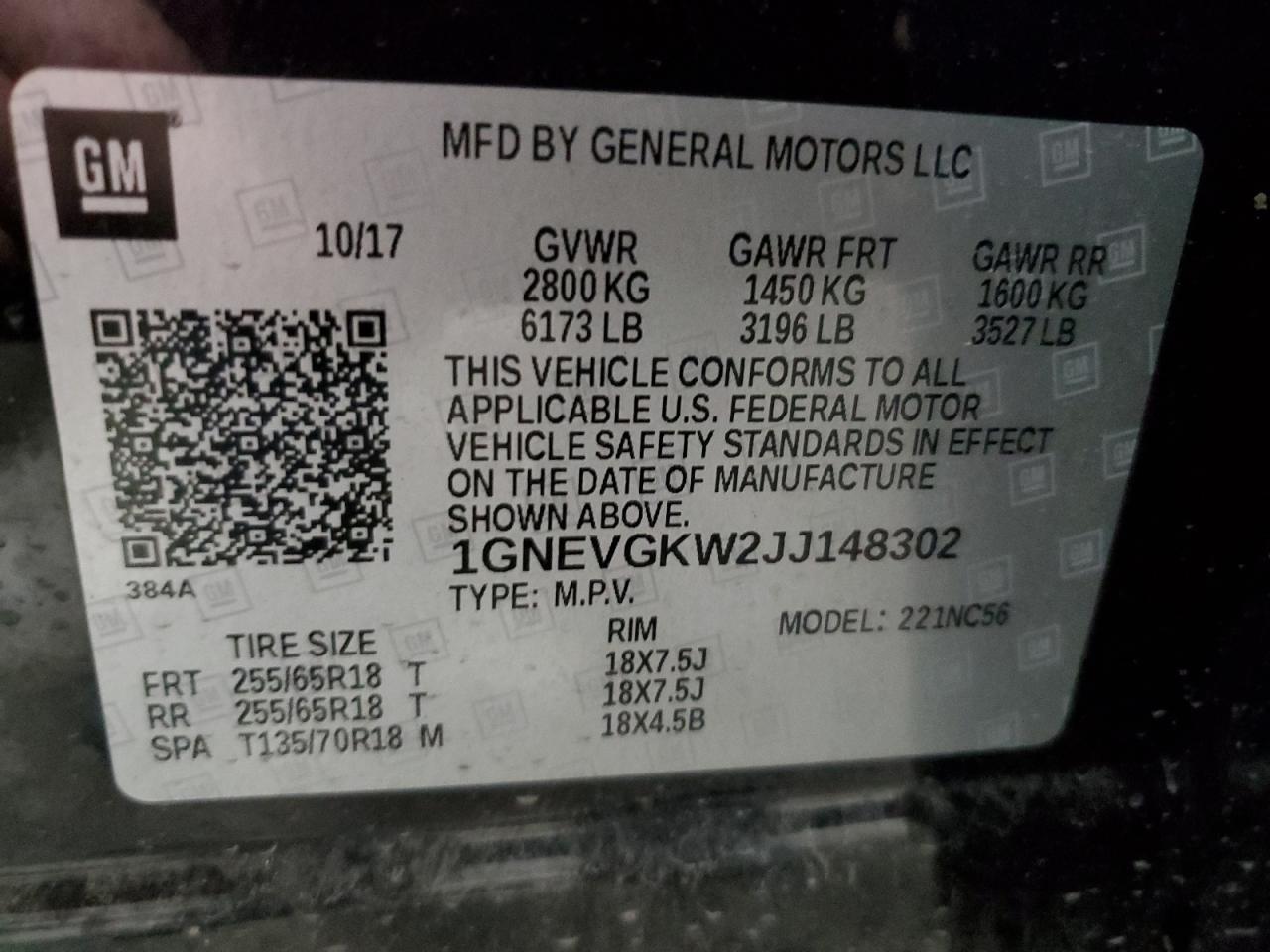 1GNEVGKW2JJ148302 2018 Chevrolet Traverse Lt