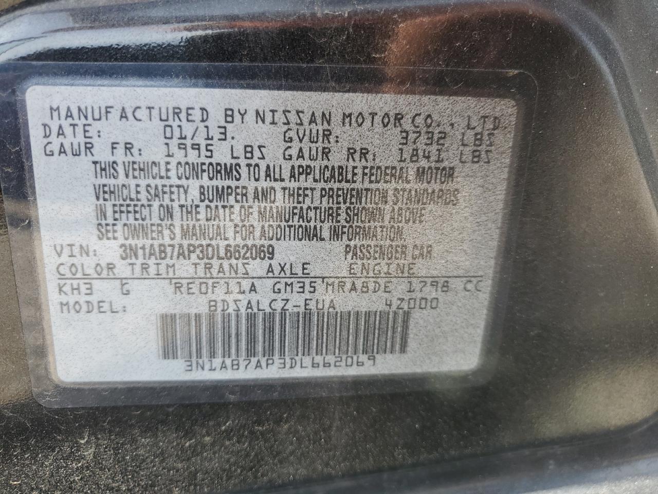 3N1AB7AP3DL662069 2013 Nissan Sentra S