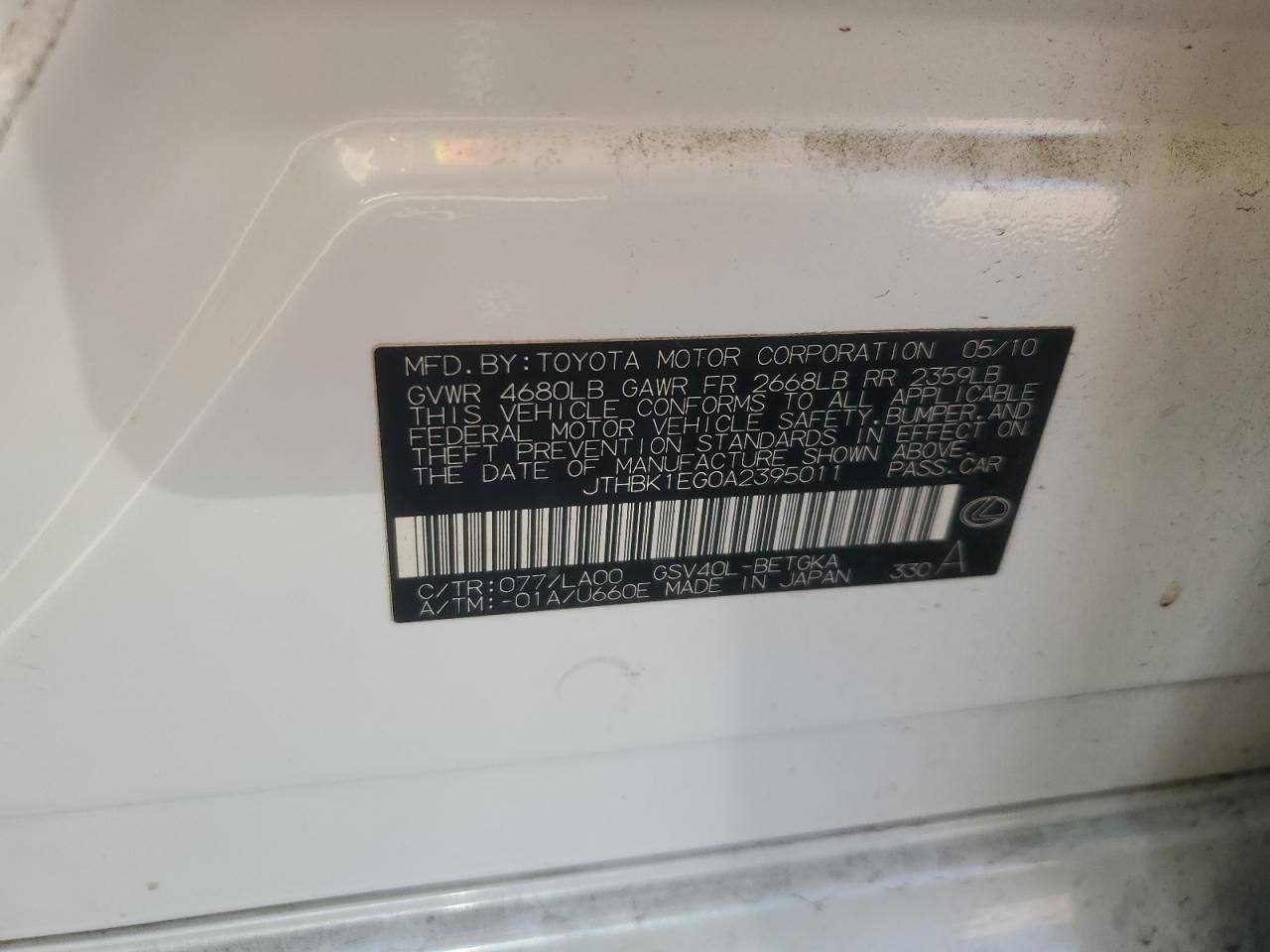 JTHBK1EG0A2395011 2010 Lexus Es 350