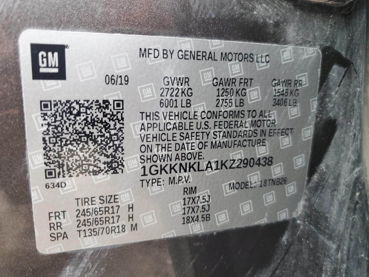 1GKKNKLA1KZ290438 2019 GMC Acadia Sle