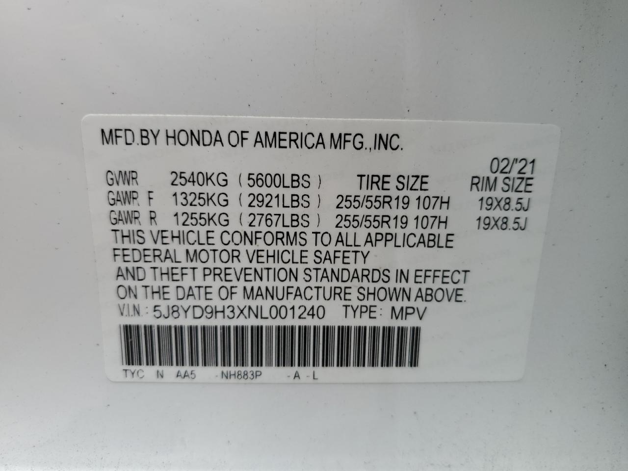 5J8YD9H3XNL001240 2022 Acura Mdx